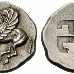 Swastika on a Greek silver stater coin from Corinth, 6th century BCE