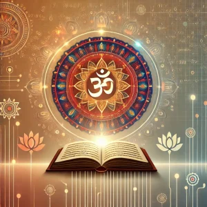 DALL·E 2024-12-13 00.30.23 - A simplified version of a colorful image symbolizing knowledge in a Hindu cultural context, featuring a glowing open book with Sanskrit text. Surround