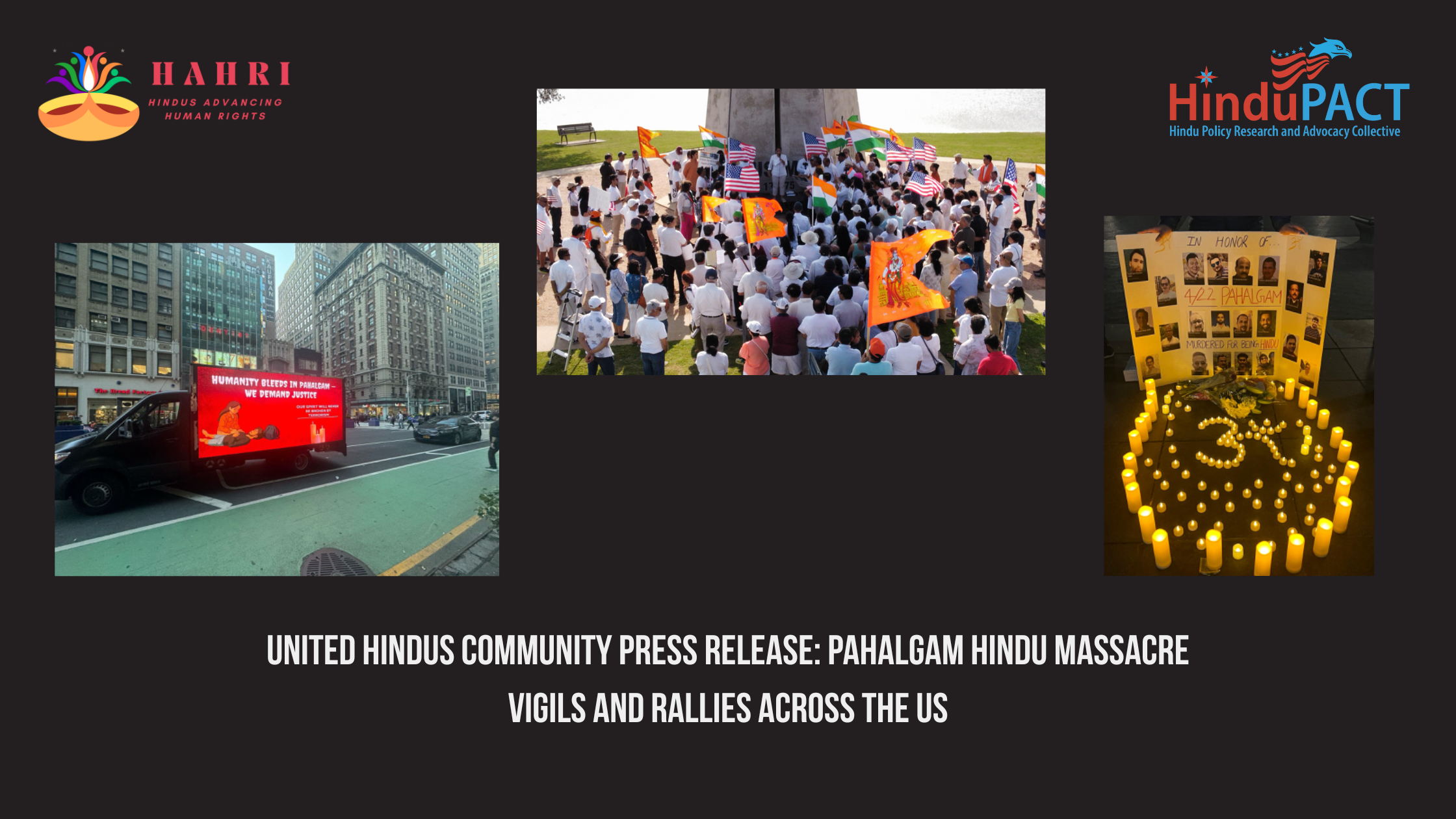 Press Release: United Hindu Groups Hold Two Dozen Vigils Across US in Memory of Pahalgam Victims and Demand Justice
