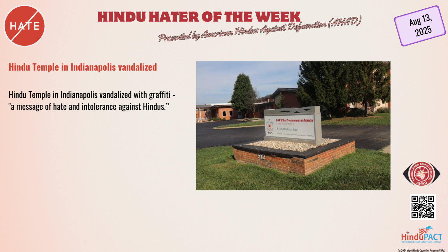 Hindu Temple in Indianapolis Vandalized